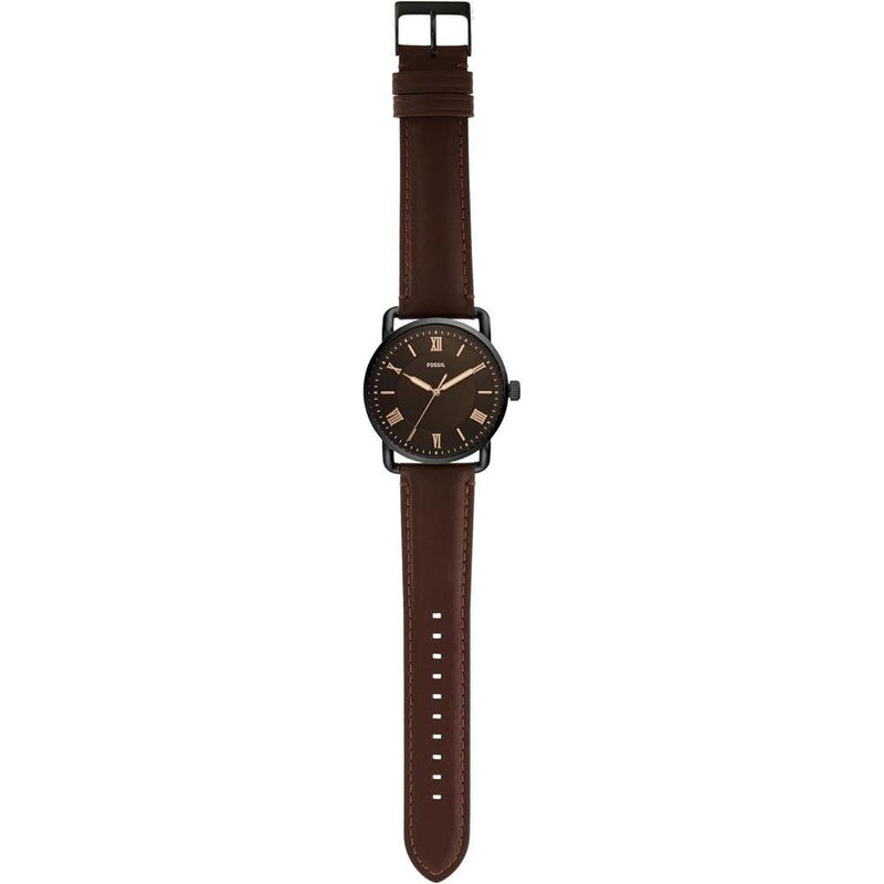Reloj Fossil Copeland para hombre, acero inoxidable y cuero, movimiento de cuarzo con esfera negra e índices romanos, resistente al agua