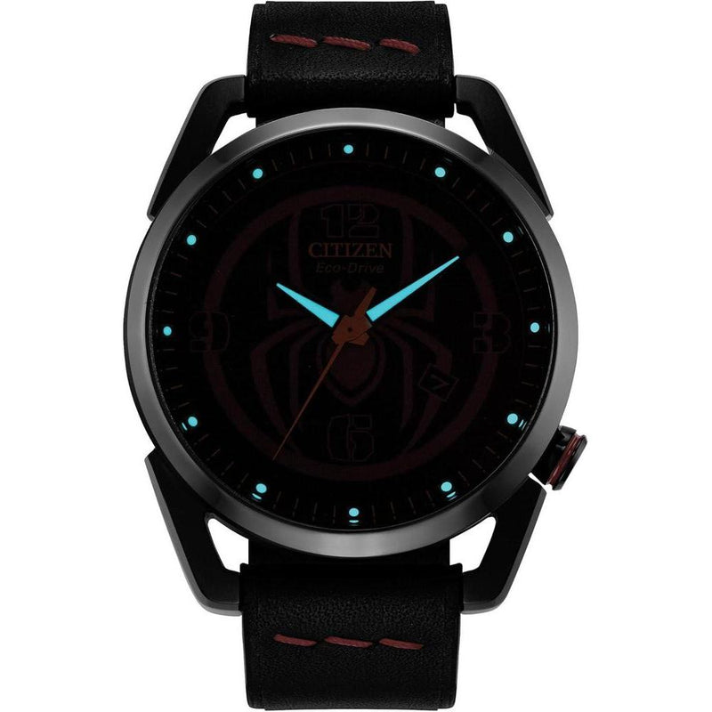 Citizen Reloj Eco-Drive Marvel Miles Morales acero inoxidable negro con correa cuero y esfera negra, modelo AW1685-00W