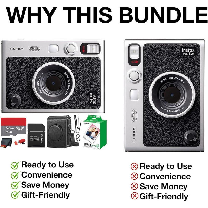 Fujifilm Instax Mini EVO Cámara Híbrida Instantánea Paquete con Película, Tarjeta de Memoria y Estuche