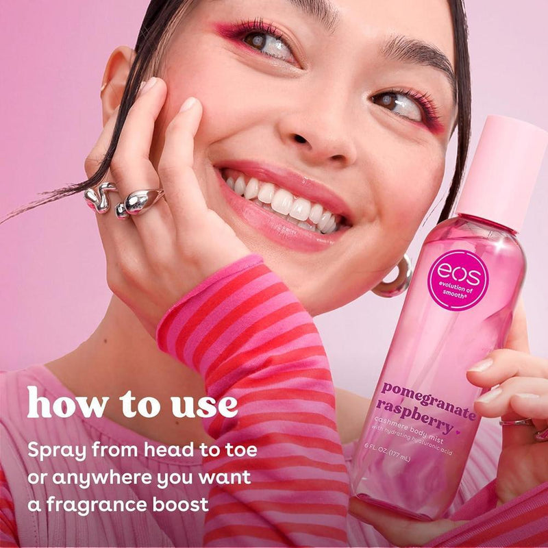 eos Spray corporal vegano y fragante con granada y frambuesa para mujer, con ácido hialurónico y libre de crueldad