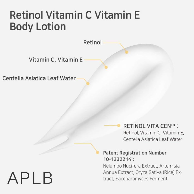 Loción APLB con Retinol, Vitamina C y E para cuidado de la piel, hidratación duradera y mejora de textura con Centella 3x