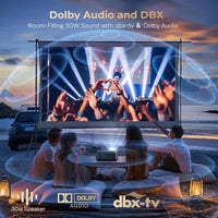 Proyector Alvar con WiFi 6, Bluetooth, sonido dbx-tv y aplicaciones integradas como Netflix, ideal para cine en casa o exterior
