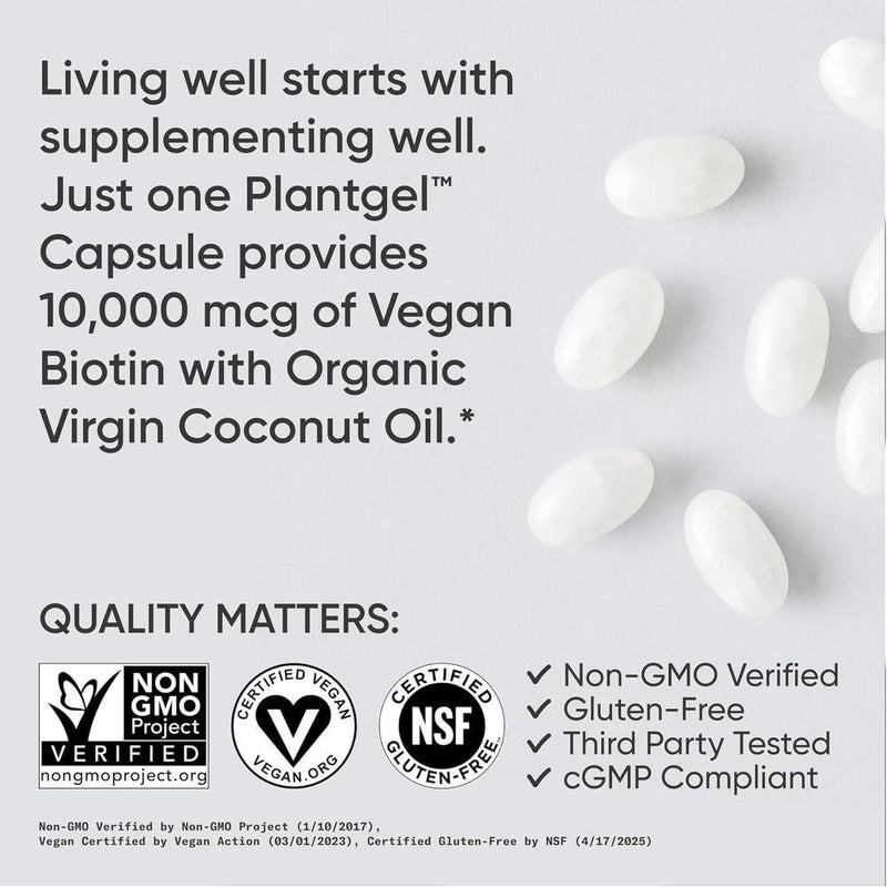 Biotina con aceite de coco para piel y cabello, no transgénicos, sin gluten, 120 minicápsulas vegetarianas