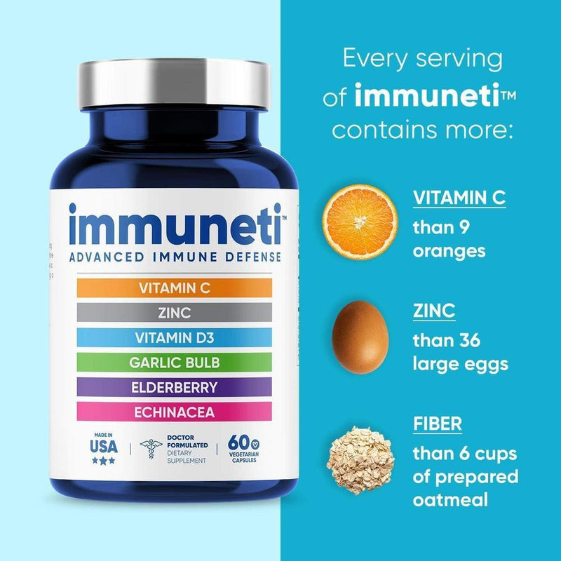 Immuneti - Defensa inmune avanzada, mezcla 6 en 1 con vitamina C, vitamina D3, zinc, saúco, ajo y equinácea