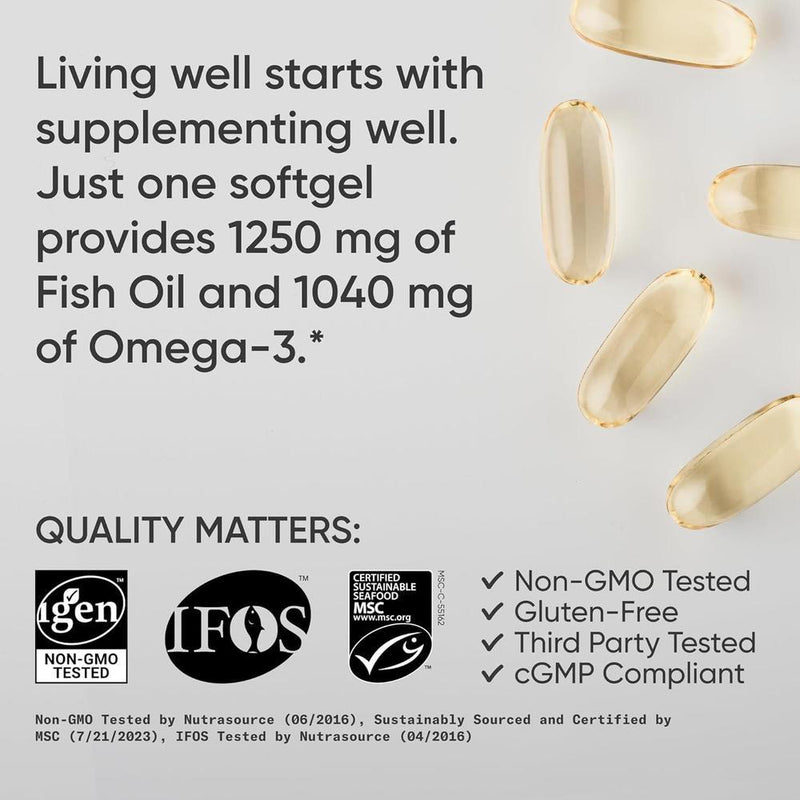 Omega-3 Aceite de Pescado 1250 SR - Suplemento de triple fuerza de pollock de Alaska sostenible, sin OGM ni soja, 180 cápsulas blandas