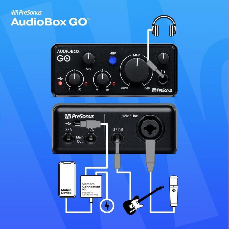 PreSonus AudioBox GO | Interfaz de audio USB-C para producción musical con software DAW y tutoriales incluidos.