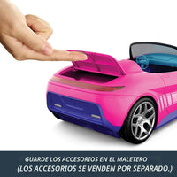 Coche RC Hot Wheels Barbie Convertible Rosa, para 2 Muñecas Barbie y Maletero que Abre, con Hoja de Pegatinas