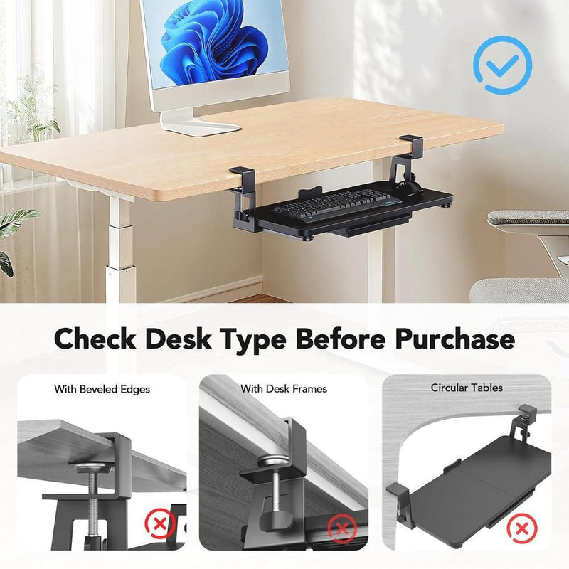 Bandeja para teclado debajo del escritorio HUANUO con soporte resistente de abrazadera en C, plataforma deslizante y cajón de almacenamiento