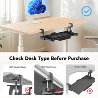 Bandeja para teclado debajo del escritorio HUANUO con soporte resistente de abrazadera en C, plataforma deslizante y cajón de almacenamiento