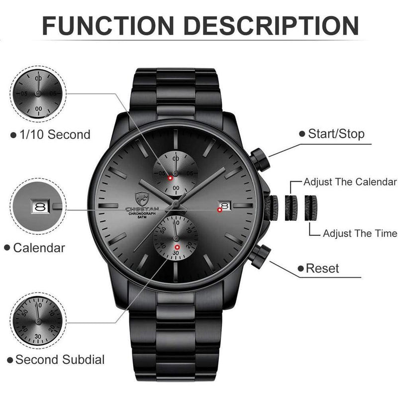 Reloj cronógrafo para hombre GOLDEN HOUR, acero inoxidable, resistente al agua, movimiento de cuarzo y fecha automática