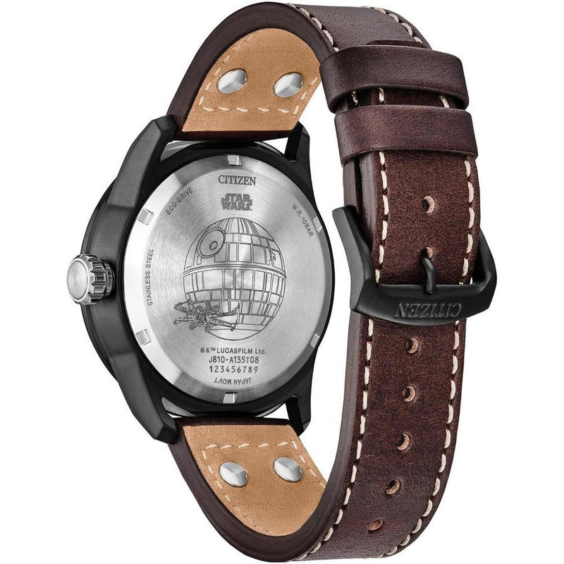 Reloj Citizen Eco-Drive X-Wing y Tie Fighter de acero inoxidable, correa de cuero marrón, modelo AW1738-05W