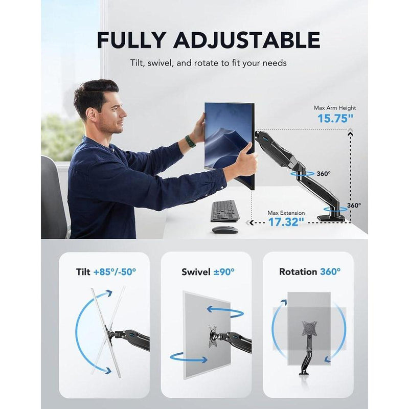 HUANUO Soporte para monitor individual, brazo ajustable para monitores 13 a 32, compatible con VESA, base de abrazadera y ojal