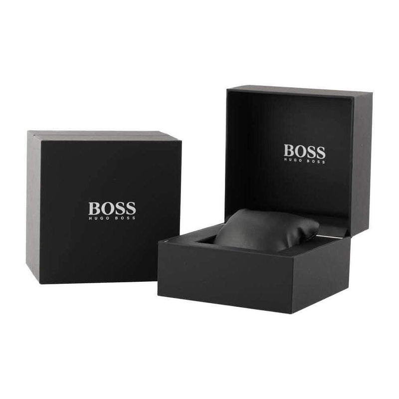 Reloj BOSS para hombre con esfera negra, movimiento de cuarzo y correa de acero inoxidable en color plateado