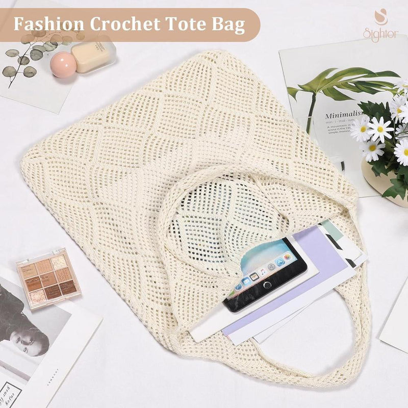 Sightor Bolso Tote Tejido a Crochet, Bolso de Playa de Malla, Bolso Hobo Tejido de Verano, Bolso Tote Boho de Vacaciones para Mujer