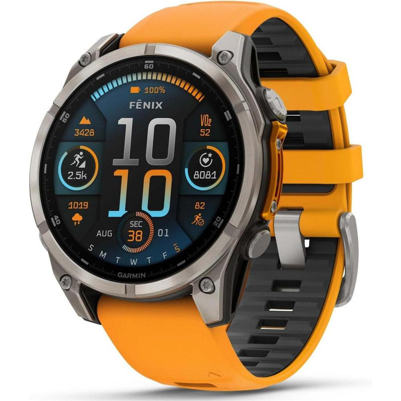 Wearable4U - Reloj inteligente Garmin Fenix 8 multideporte AMOLED Sapphire, titanio con banda naranja/graphite
