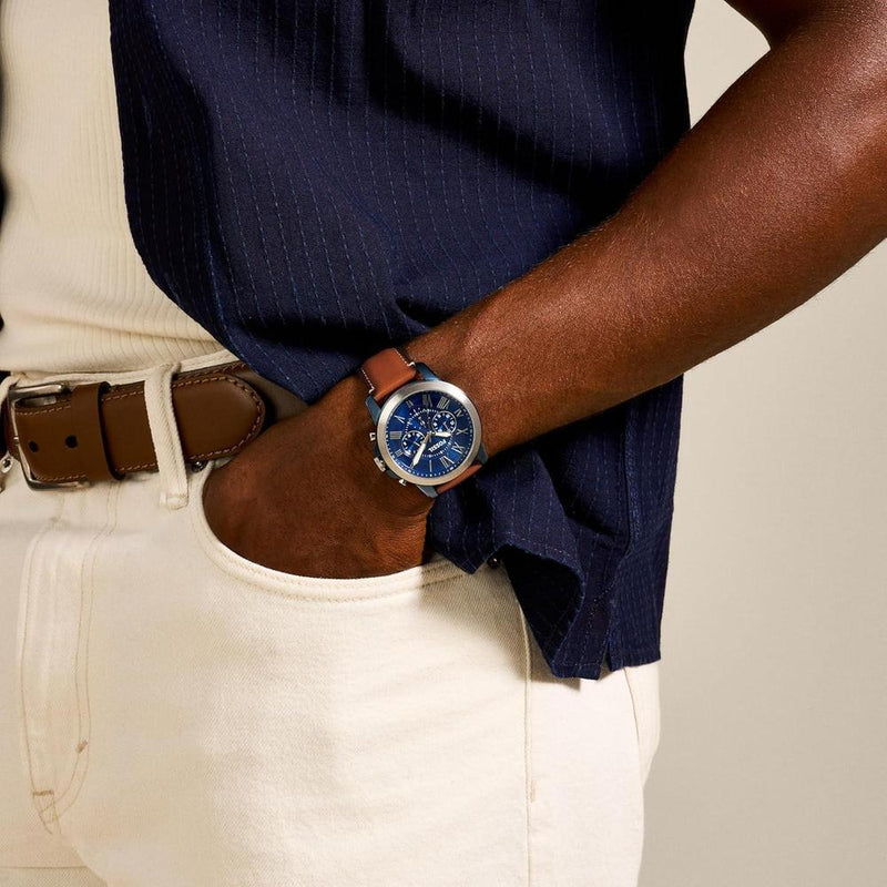 Fossil reloj de hombre estilo clásico con cronógrafo, acero inoxidable y correa de cuero marrón, resistente al agua hasta 50 metros