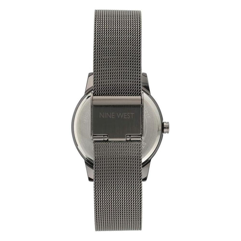 Reloj de pulsera para mujer Nine West con diseño floral, manecillas doradas, pulsera plateada, cristal resistente