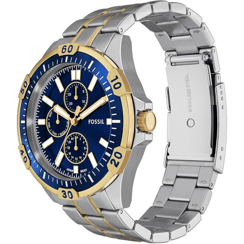 Reloj Fossil Garrett multifuncional de acero inoxidable en dos tonos con estilo deportivo y profundidad resistente al agua