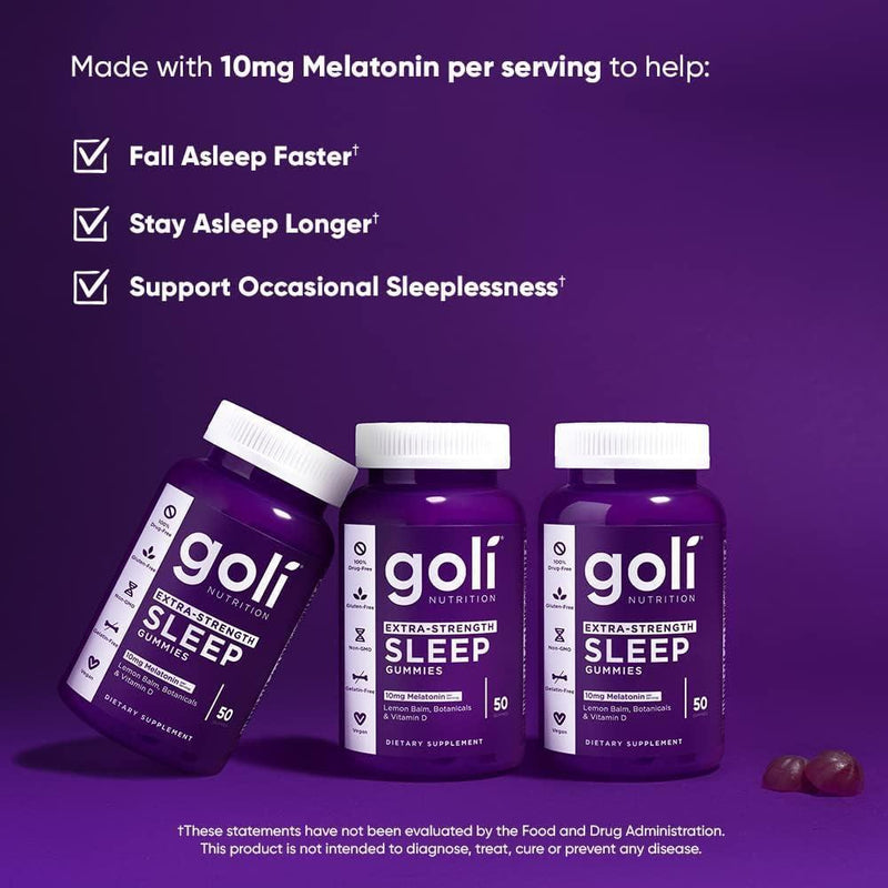 Suplemento Goli para Dormir, Gummy Melatonina Extra Fuerte 10mg - Vegano, Sin Gluten, No Transgénico, Sin Gelatina, 50 unidades