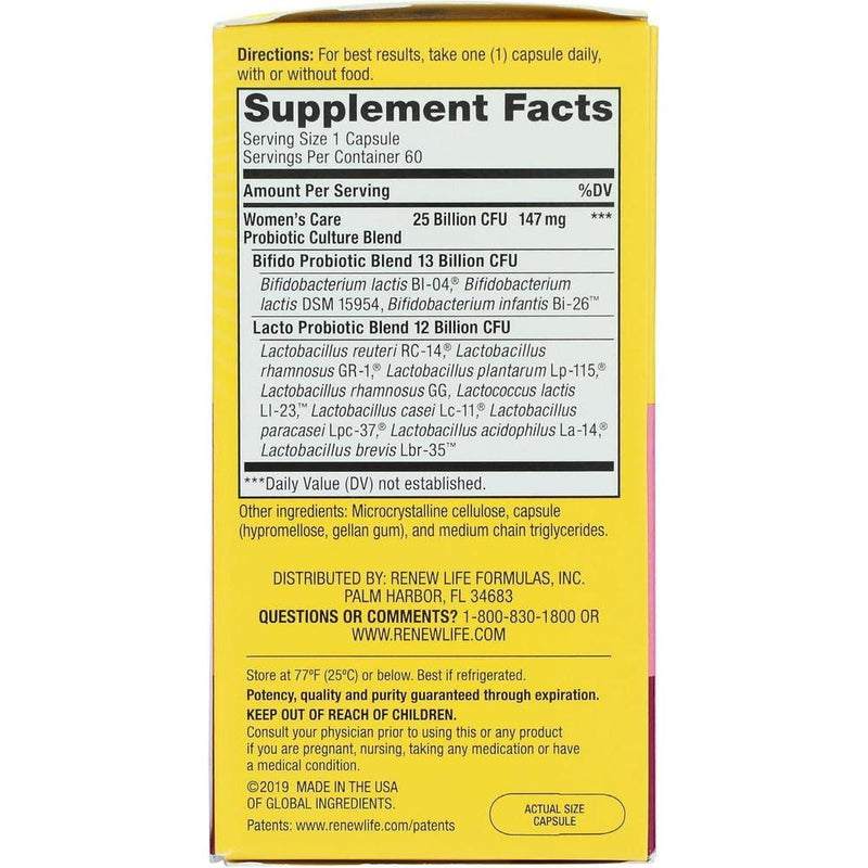 Renew Life Cápsulas de Probióticos para Mujeres con L. Rhamnosus GG, Salud Digestiva e Inmune, Sin Lácteos, Soja ni Gluten
