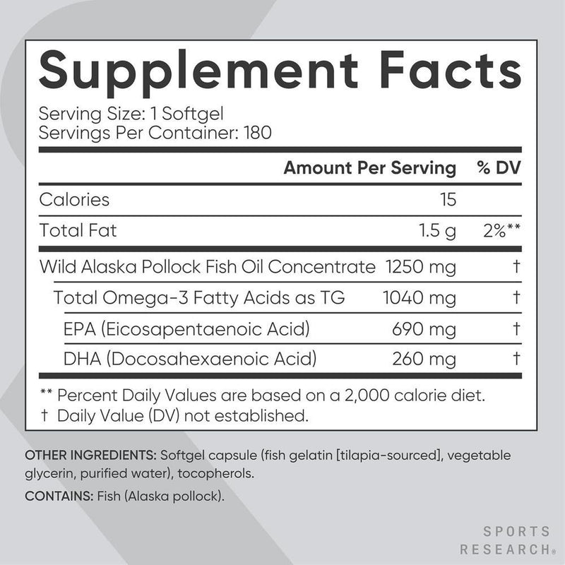 Omega-3 Aceite de Pescado 1250 SR - Suplemento de triple fuerza de pollock de Alaska sostenible, sin OGM ni soja, 180 cápsulas blandas