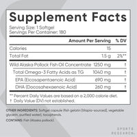 Omega-3 Aceite de Pescado 1250 SR - Suplemento de triple fuerza de pollock de Alaska sostenible, sin OGM ni soja, 180 cápsulas blandas