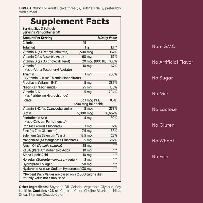 Suplemento Vitaminico Avanzado para Cabello, Piel y Uñas con Biotina y Ácido Hialurónico de Nature's Bounty