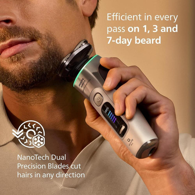 Philips Norelco Shaver i9000 Prestige Ultra, afeitadora eléctrica húmedo y seco, oro blanco, tecnología SenseIQ Pro, cuchillas NanoTech