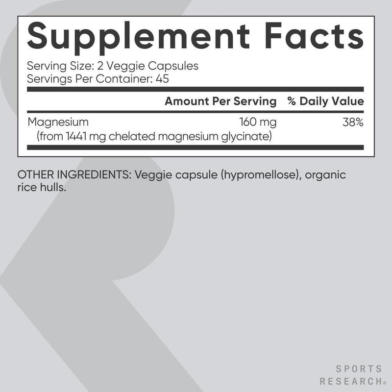 Sports Research Glicinato de magnesio, apoya el sueño y procesos enzimáticos, magnesio quelatado, cápsula vegana