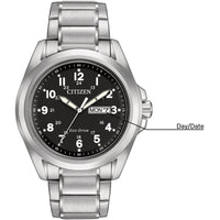 Citizen - Reloj de acero inoxidable con tecnología Eco-Drive, resistente al agua y calendarío día-fecha, modelo AW0050-82E, plateado