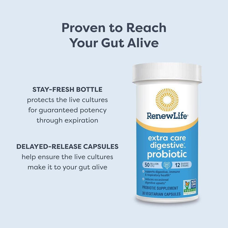 Renew Life Cápsulas Probióticas Digestivas Cuidado Extra 50 Mil Millones CFU, Soporte Salud Inmune, Digestiva y Respiratoria