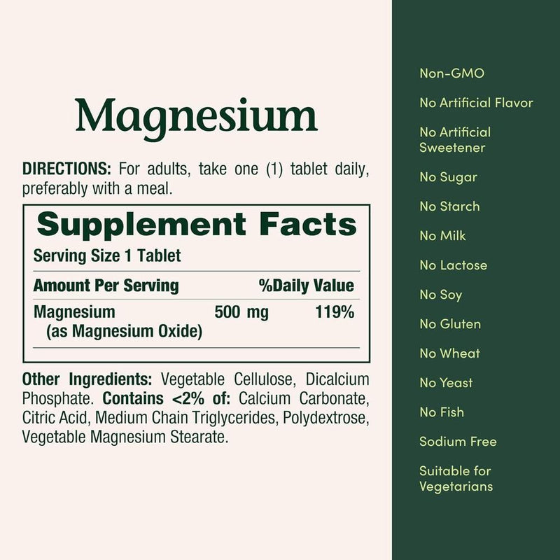 Nature's Bounty Tabletas de Magnesio 500 mg, Suplemento de Alta Potencia para Salud Ósea y Muscular, 200 Unidades