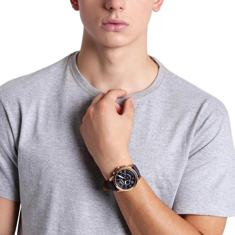 Reloj cronógrafo Fossil Grant para hombre, con correa de cuero azul y esfera de acero inoxidable resistente al agua hasta 165 pies