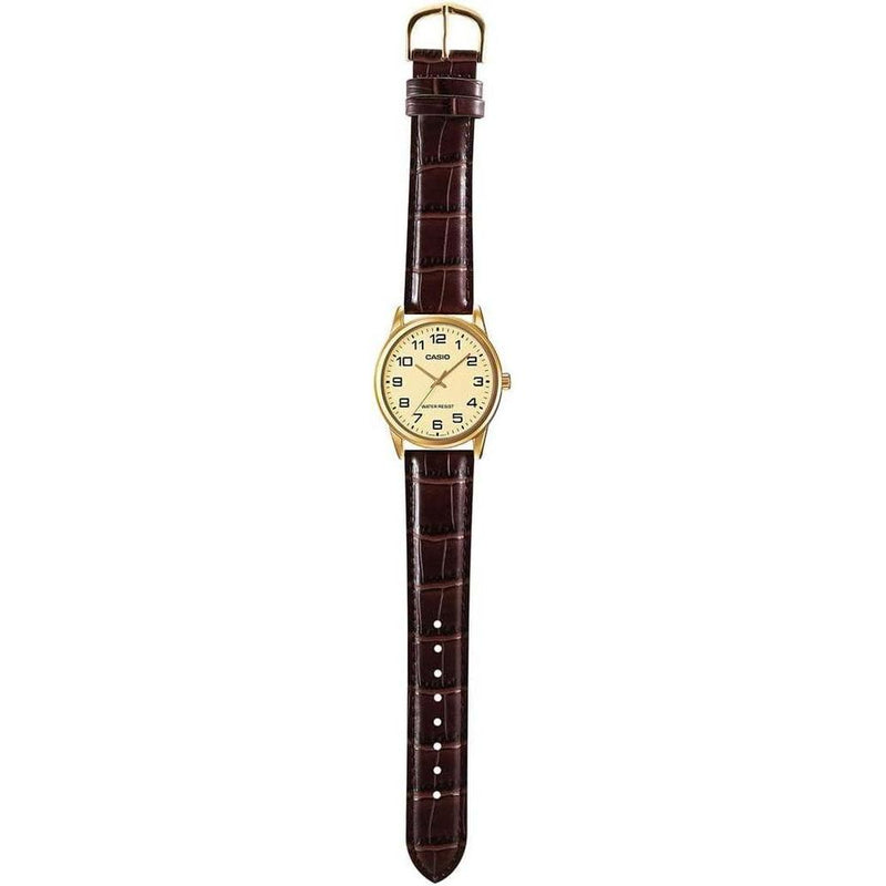 Casio Reloj de cuarzo de acero inoxidable para hombre, correa de cuero marrón, modelo EAW-MTP-V001GL-9B