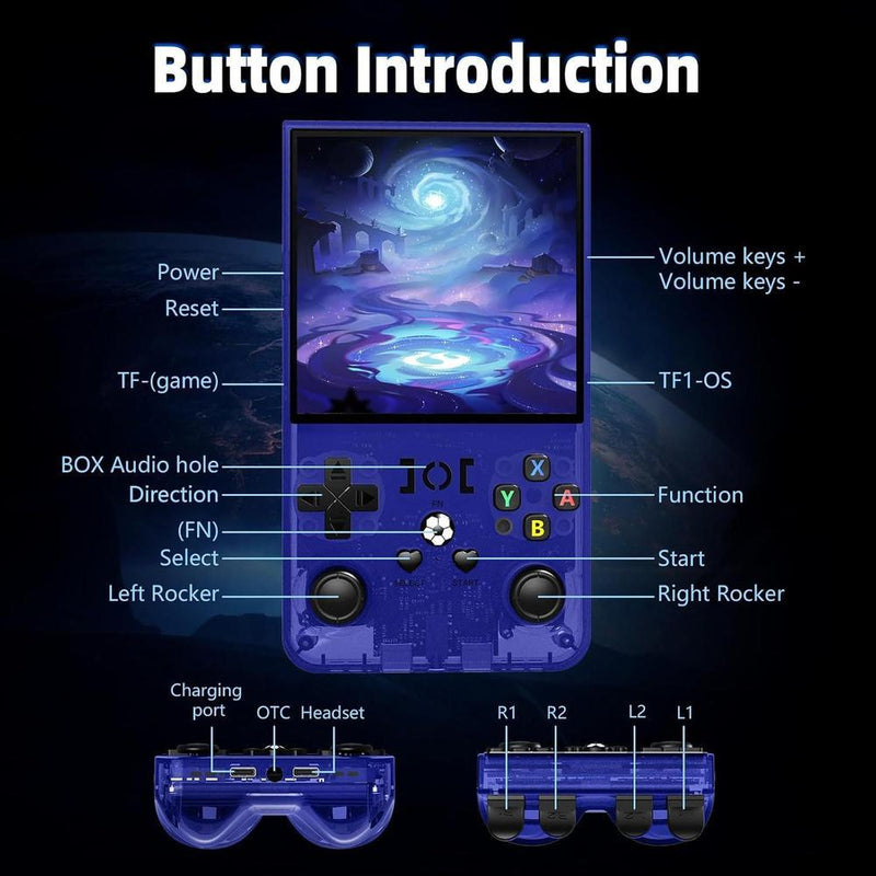 Consola de juegos retro portátil R36MAX con tarjeta de 64GB, sistema Linux y pantalla IPS HD, batería 4000mAh azul