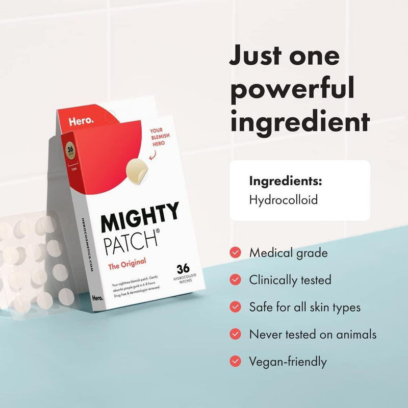 Parche hidrocoloide Mighty Patch de Hero Cosmetics para acné, cubre imperfecciones, vegano y cruelty-free