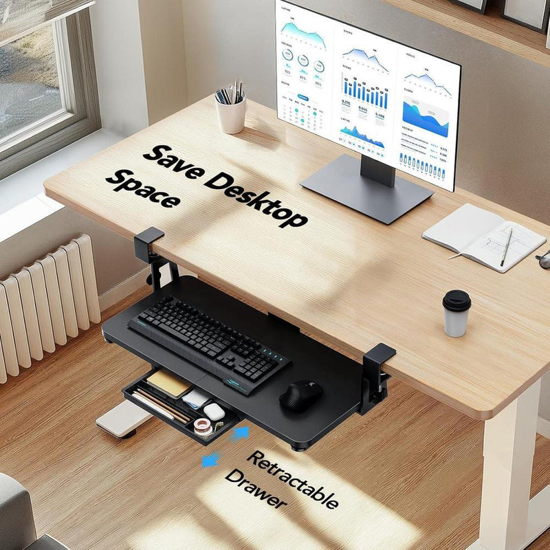 Bandeja para teclado debajo del escritorio HUANUO con soporte resistente de abrazadera en C, plataforma deslizante y cajón de almacenamiento