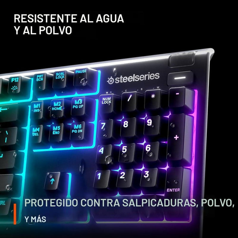 Teclado SteelSeries Apex 3 RGB con iluminación de 10 zonas, resistencia al agua y reposamuñecas magnético para juegos silenciosos