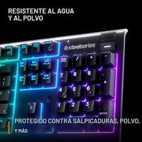 Teclado SteelSeries Apex 3 RGB con iluminación de 10 zonas, resistencia al agua y reposamuñecas magnético para juegos silenciosos