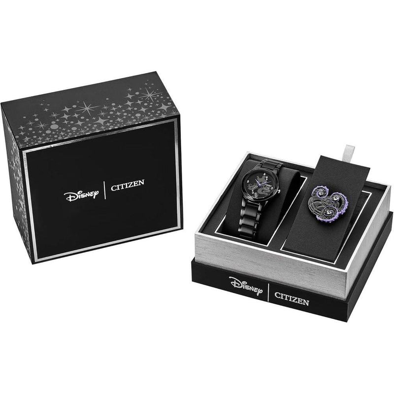 Citizen Eco-Drive Disney Villian Ursula Crystal reloj y pin set de regalo negro iones, esfera negra