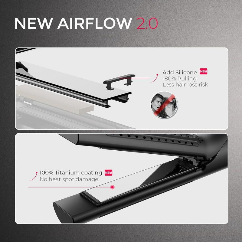 TYMO Airflow 2.0 Plancha rizadora de pelo 2 en 1 con tecnología avanzada, antienredos y 5 ajustes de temperatura, color negro