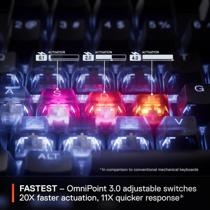 SteelSeries Apex Pro TKL Gen 3 con interruptores Omnipoint, actuación ajustable, rapid trigger, presets para juegos y modo de protección