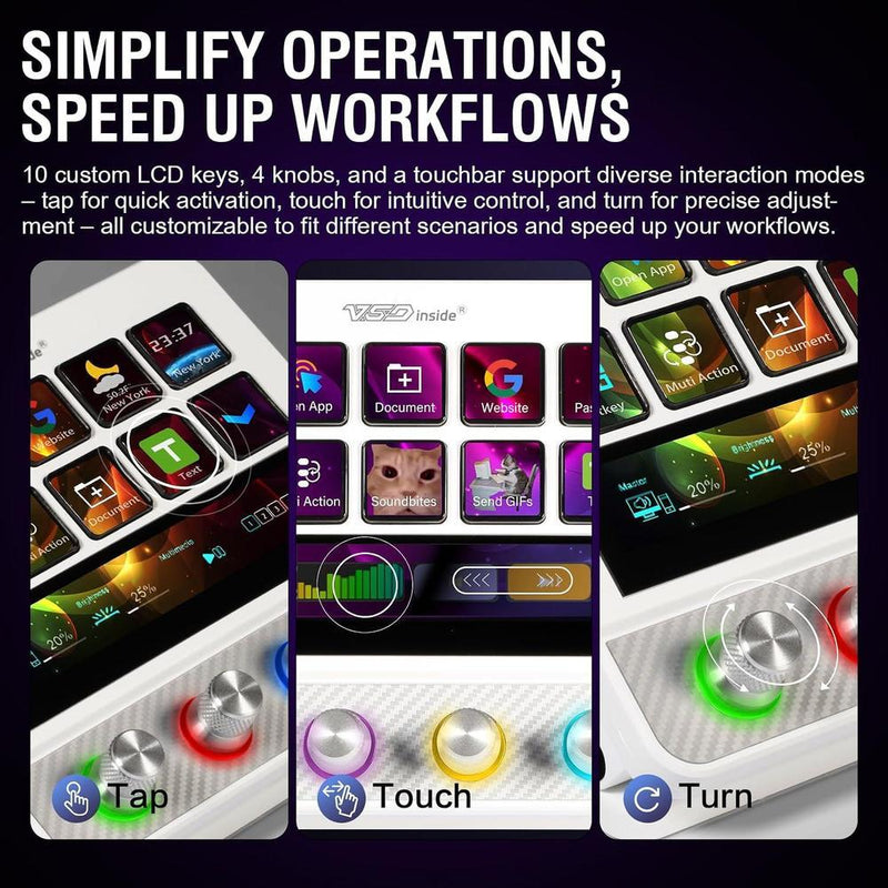 Controlador de streaming VSDINSIDE con teclas programables, macros, efectos sonoros y soporte ergonómico, compatible con Mac y PC