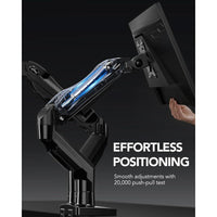 HUANUO FlowLift™ Soporte monitor doble ajustable VESA con abrazadera y base de ojales, cada brazo soporta hasta 9 kg