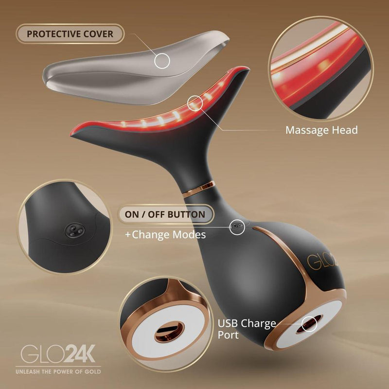 GLO24K Dispositivo facial y cuello con luz roja, masajeador 3 en 1 con vibración y LED para revitalizar y reafirmar la piel