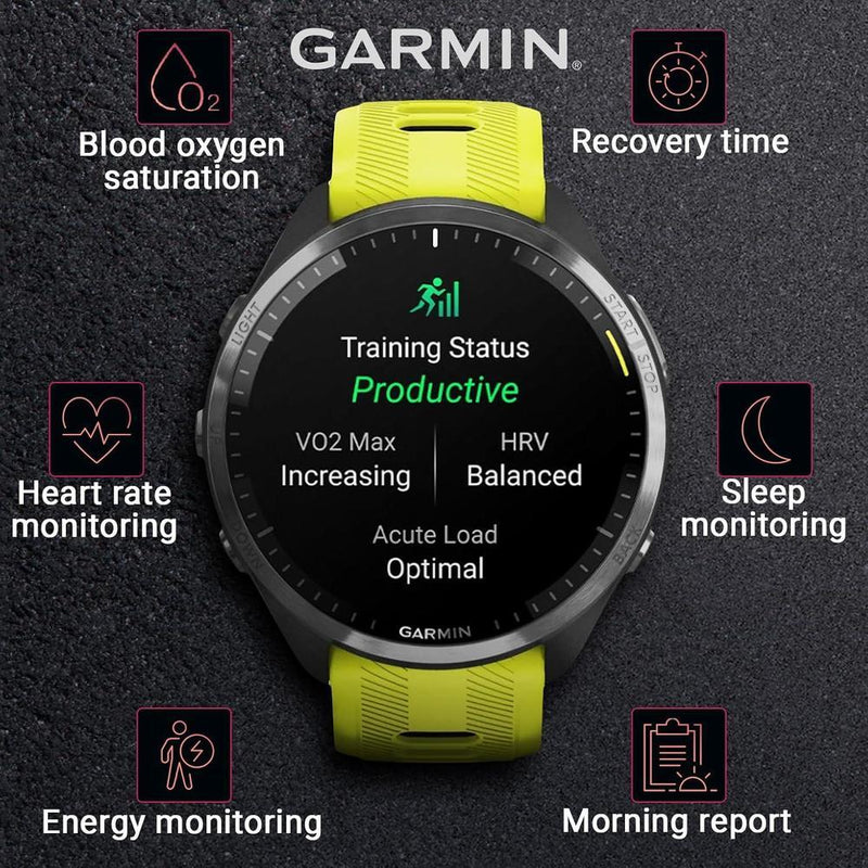 Garmin Forerunner 965 Smartwatch Premium, 1,4 Pulgadas, AMOLED, 32GB, GPS, Gris Carbón Y Amarillo