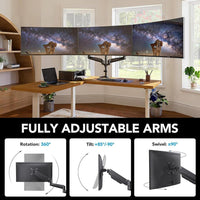 Soporte triple HUANUO para monitores de hasta 32 pulgadas, ajuste en inclinación, giro y diferentes opciones de montaje