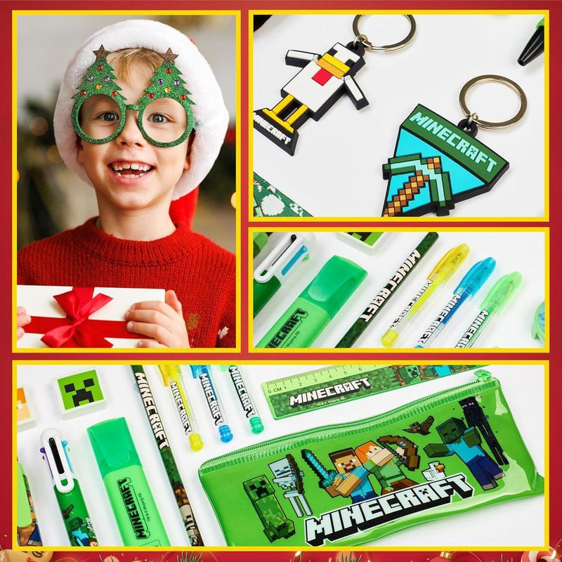Calendario de Adviento Minecraft 2025 para niños con 24 artículos de papelería temática, ideal para regalos navideños