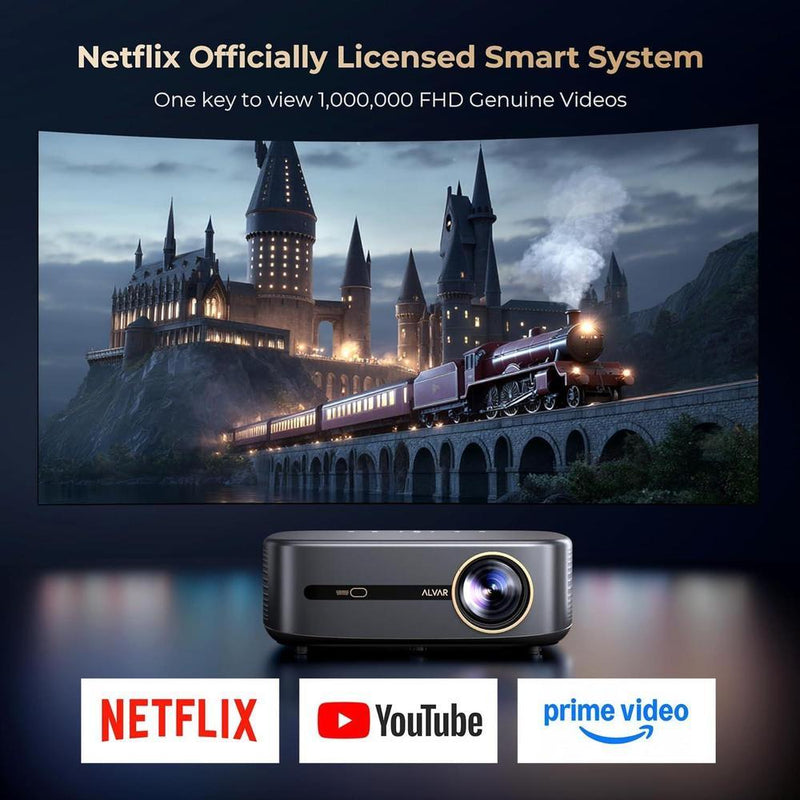 Proyector Alvar con WiFi 6, Bluetooth, sonido dbx-tv y aplicaciones integradas como Netflix, ideal para cine en casa o exterior