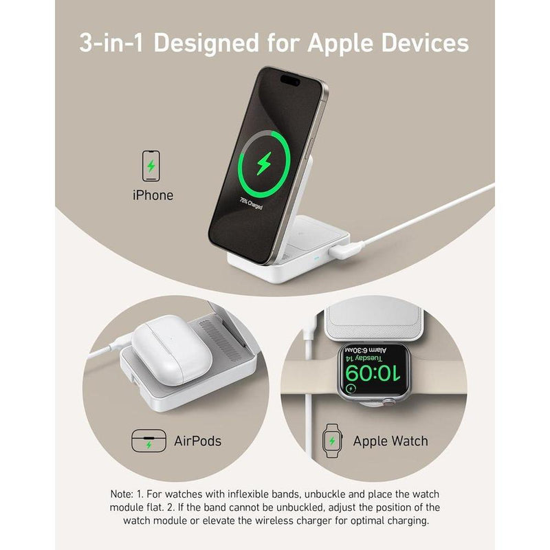 Anker MagGo Estación de Carga Inalámbrica 3 en 1 para iPhone, compatible con MagSafe, cargador plegable 15W Qi2, AirPods, Apple Watch